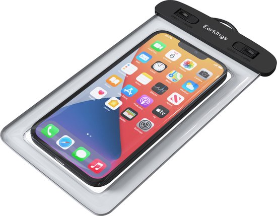 Witte waterdichte telefoonhoes van Earkings met telefoon erin, op witte achtergrond.