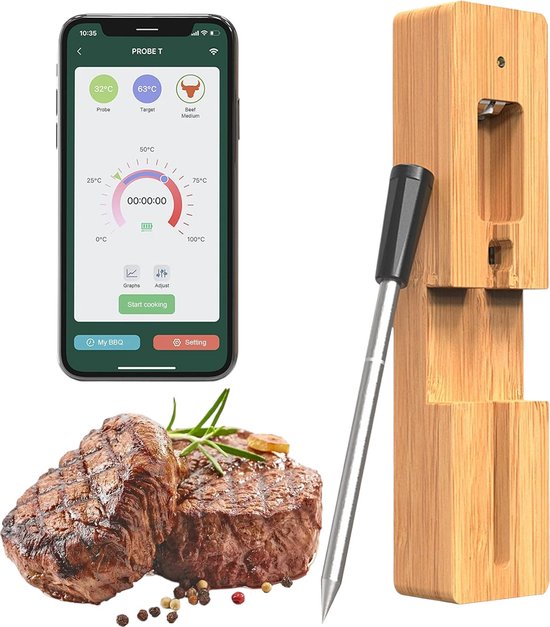 Draadloze BBQ Thermometer | Bluetooth | Alleen interne Temperatuur | Met handige App | 50 Meter bereik | Geschikt voor de Oven & BBQ | RVS | Zwart - Smartlife Domotica