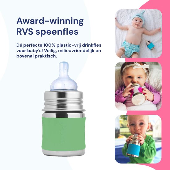 Pura Speenfles 150 ml - Plasticvrij - Drinkfles - Voorkomt Maagkrampen - Vaatwasserbestendig - Inclusief Siliconen Speen, Reisdop en Sleeve - Top is Verwisselbaar - Veelzijdig - Moss van Merkloos — afbeelding 2