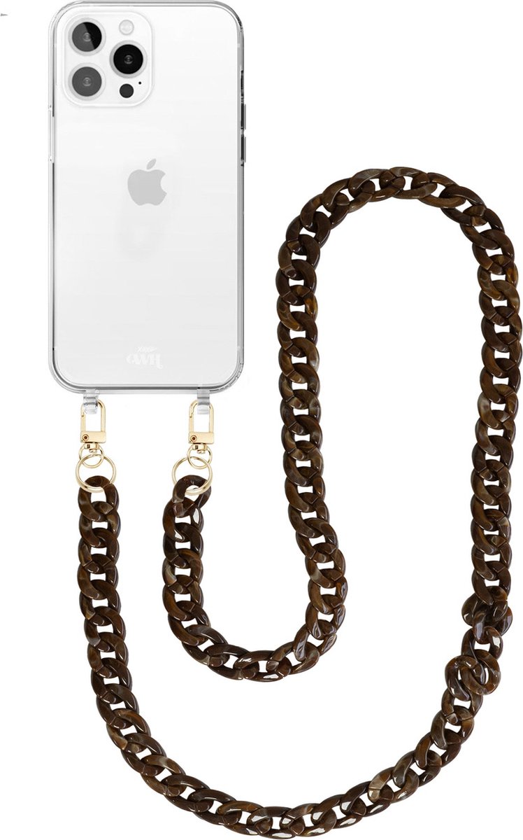 xoxo Wildhearts siliconen hoesje - Geschikt voor iPhone 13 Pro - Brown Chocolate - Telefoonhoesje - Hoesje met koord - Bruin koord - lang telefoonkoord - Transparant hoesje (lange variant)