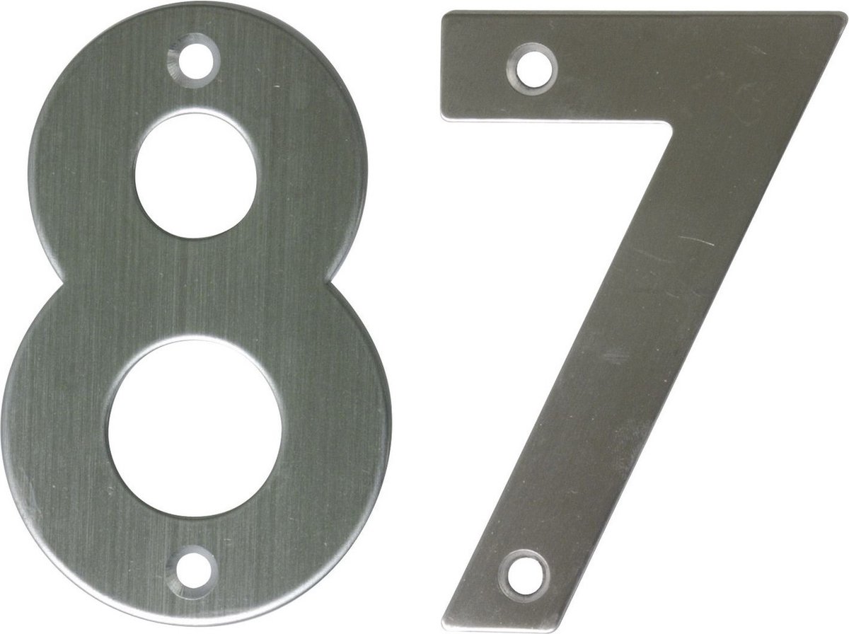 AMIG Huisnummer 87 - massief Inox RVS - 10cm - incl. bijpassende schroeven - zilver