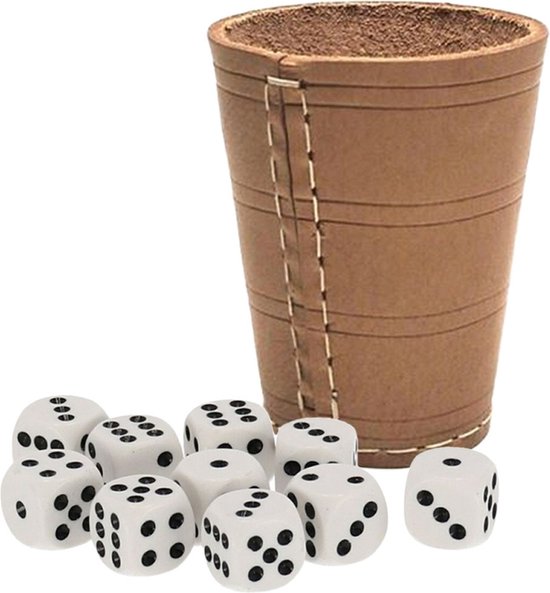 Dobbelbeker - leer - incl. 10x dobbelstenen - 10 cm - dobbelstenen schudden - pokerspel
