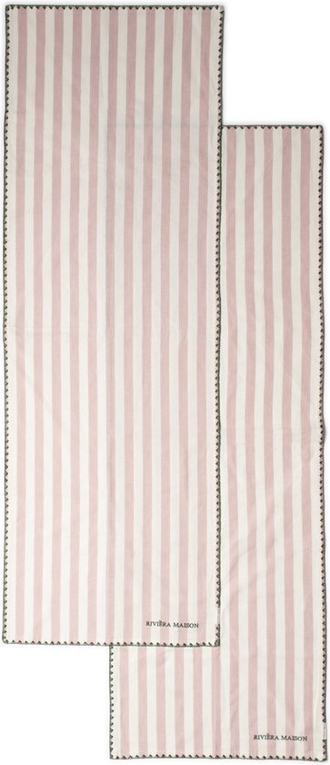 Riviera Maison Tafellopers Textiel wit met roze verticale streep en groen borduursel - Capri gekleurde tafelloper met print