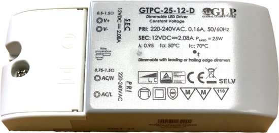 GLP - LED voedingsadapter dimbaar - 12V 25W 2.08A - geschikt voor 12V LED-verlichting