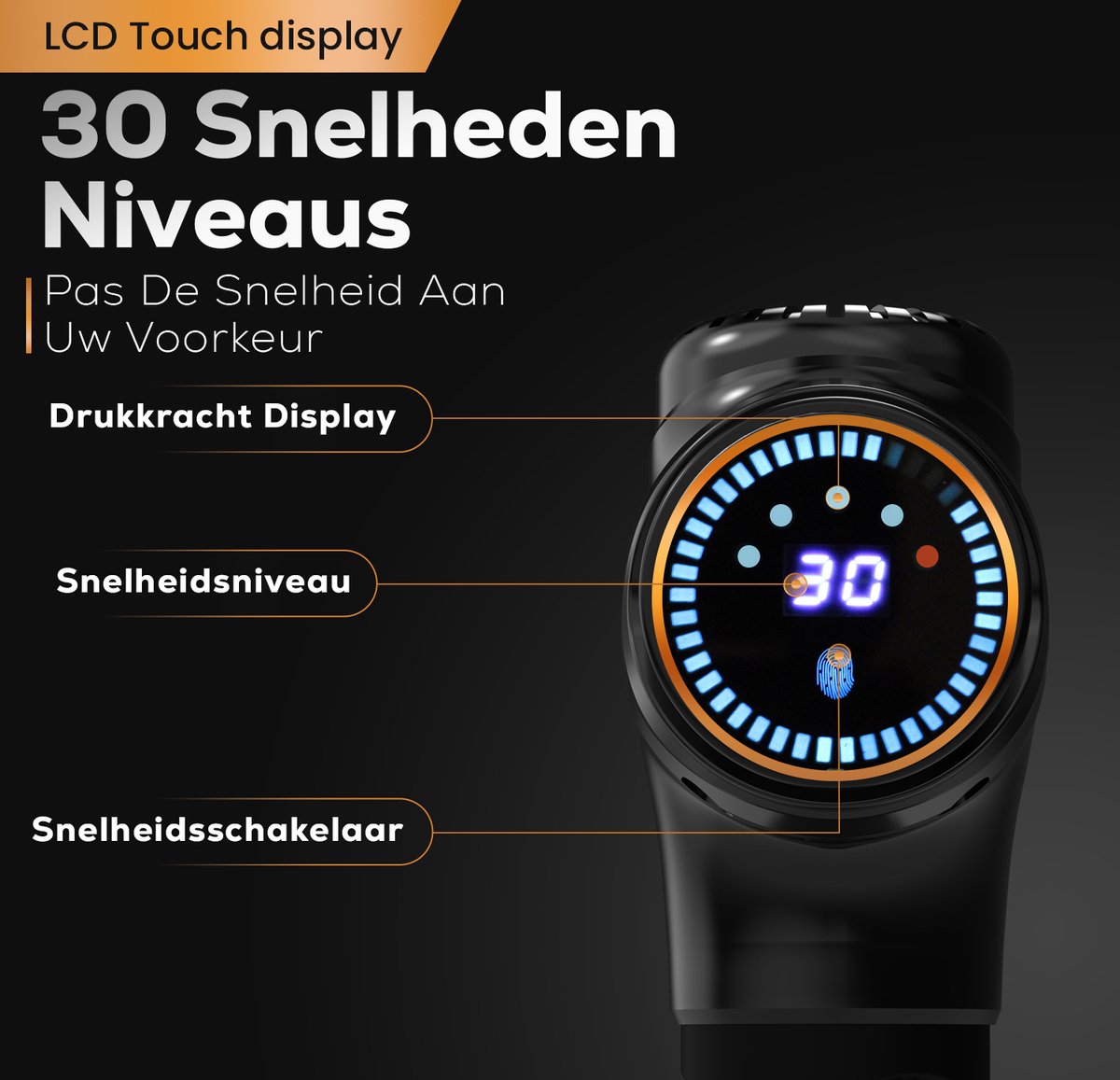 Afbeelding 2 van Apeiron Massage Gun – Massage Apparaat – Massage Pistool – Theragun - Massagegun Professioneel – 30 Snelheidsstanden – 12 Opzetstukken – Touchscreen - 3300 mAh - Zwart & Goud - Gratis E-book
