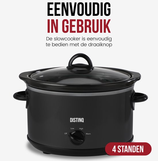 DistinQ Slowcooker 4 liter – Keramische binnenpan - Warmhoudfunctie 180Watt - BPA en PFAS vrij