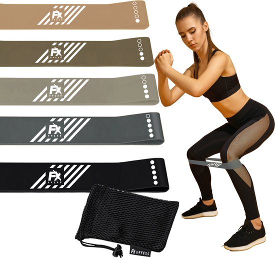 FX FFEXS Fitness Weerstandsbanden Set van 5 - Resistance Band - Fitness Elastiek - Booty Band - Sport Elastiek Banden - Fitness Band - Mini Bands - Verschillende Weerstandsniveaus - Inclusief Draagzakje - Grijs