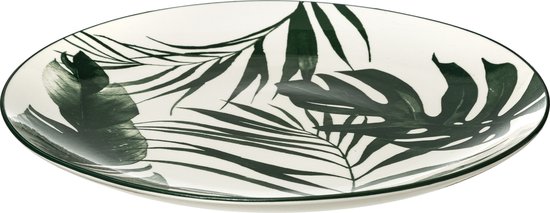 Grand plat blanc avec des feuilles de palmier vertes et un bord noir.