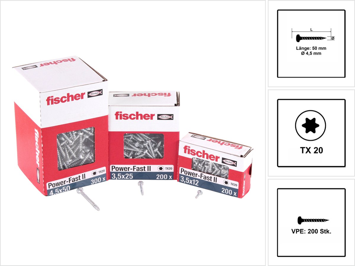 Fischer 200x Power-Fast II FPF II PTF 4,5 x 50 mm BC Pan Head met Binnenster TX20 Volledige Draad galvanisch verzinkt blauw gepassiveerd - 670636