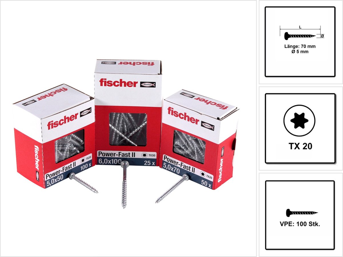 Fischer 100x Power-Fast II FPF II PTF 5 x 70 mm BC Pan Head met Binnenster TX20 Volledige Draad Galvanisch Verzinkt Blauw Gepassiveerd - 670646