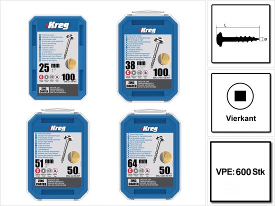 Foto: Kreg pocket hole cilinderkopschroeven sml c startset maxi 600 st voor binnengebruik vierkantaandrijving gedeeltelijke draad grove draad zelftappend verzinkt