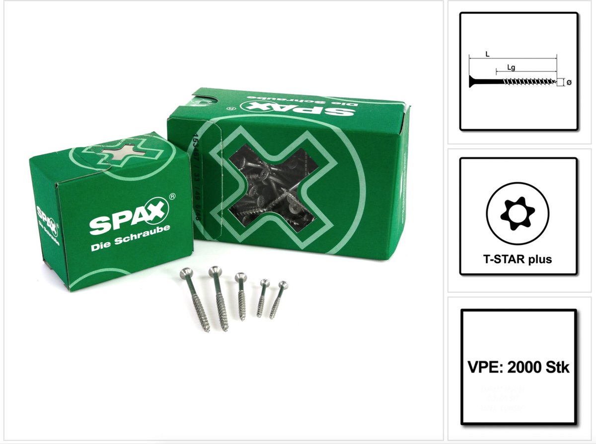 SPAX universele schroef 3,5 x 30 mm 2000 stuks TORX T-STAR plus T15 WIROX verzonken kop gedeeltelijke schroefdraad 4Cut-punt