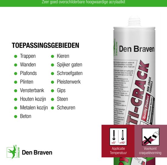 Zwaluw - Den Braven -Acryl Anti-Crack acrylaatkit wit - 310 ml. - Zwaluw