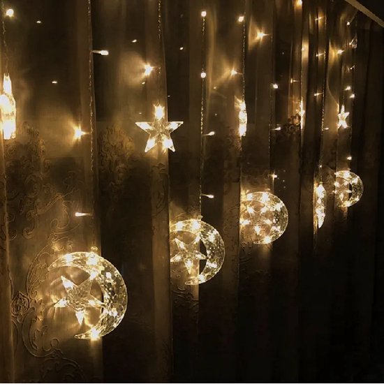 Lichtsnoer met 6 maan- en 6 sterdecoraties, 2.5m, warm wit licht.