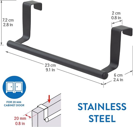 Porte-serviette noir avec dimensions : 23 cm de large, 7.2 cm de haut. Convient aux portes d'armoires de cuisine de 20 mm d'épaisseur. Fabriqué en acier inoxydable.
