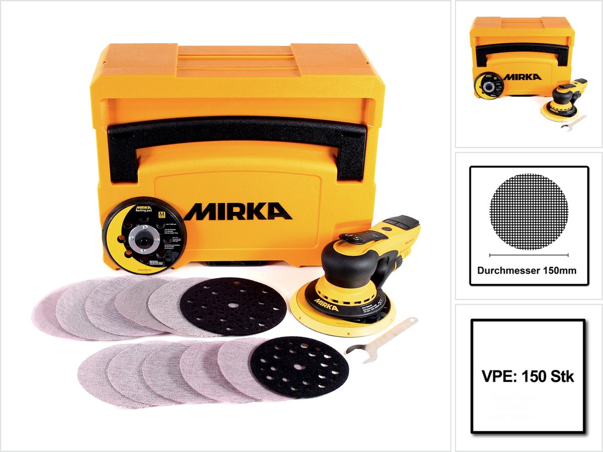 Mirka DEROS-Kit Abranet 5650CV Exzenterschleifer 350W 125mm/150mm 5,0 Hub Brushless + 150 Stk. Schleifscheiben Grip versch. Körnungen + systainer ( KIT1904WOMDE )