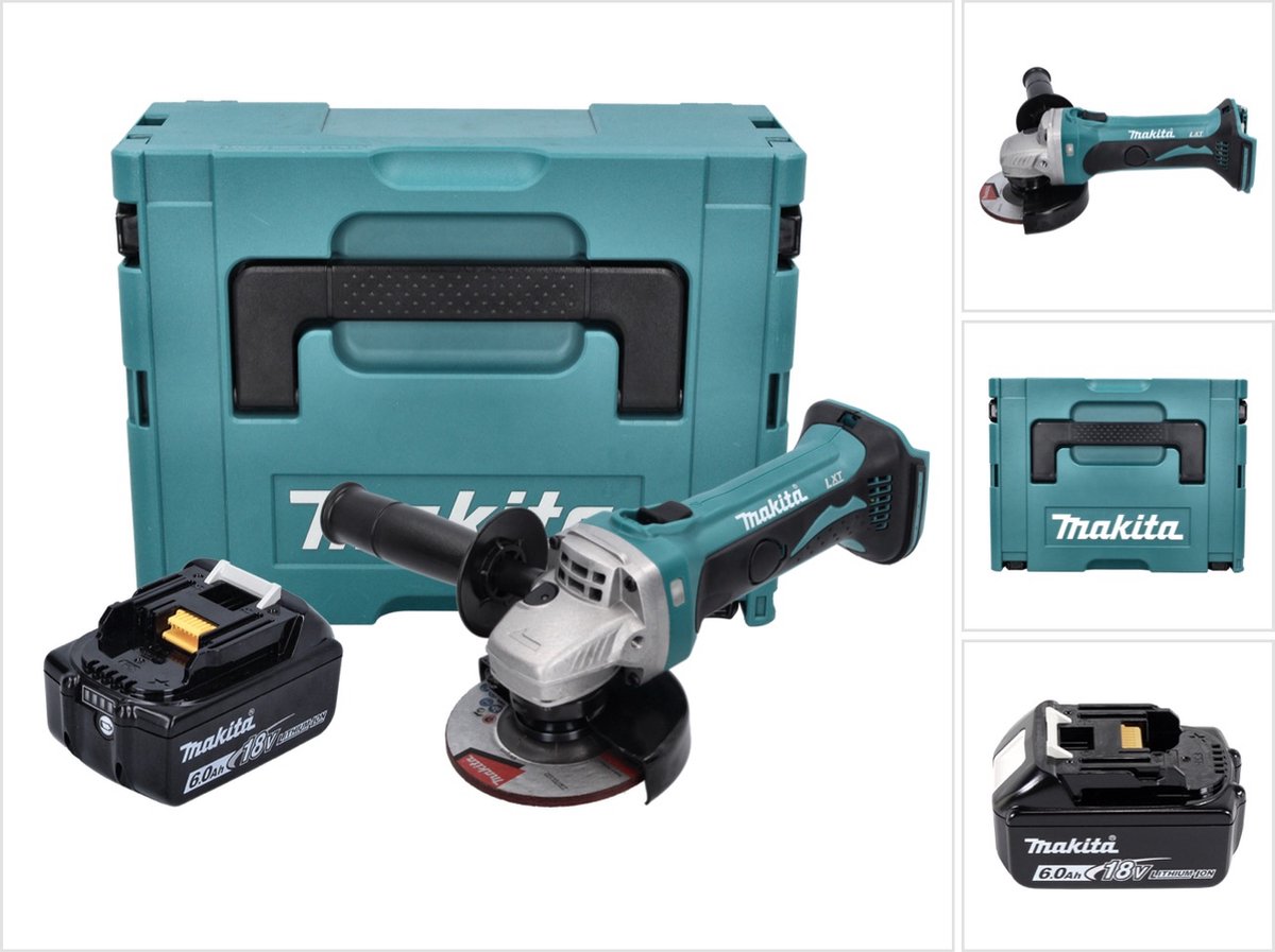 Makita DGA 452 G1J accu haakse slijper 18 V 115 mm + 1x accu 6,0 Ah + Makpac - zonder oplader