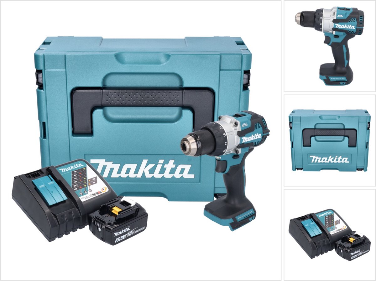 Makita DHP 489 RT1J accu-klopboormachine 18 V 73 Nm borstelloos + 1x accu 5,0 Ah + oplader + Makpac