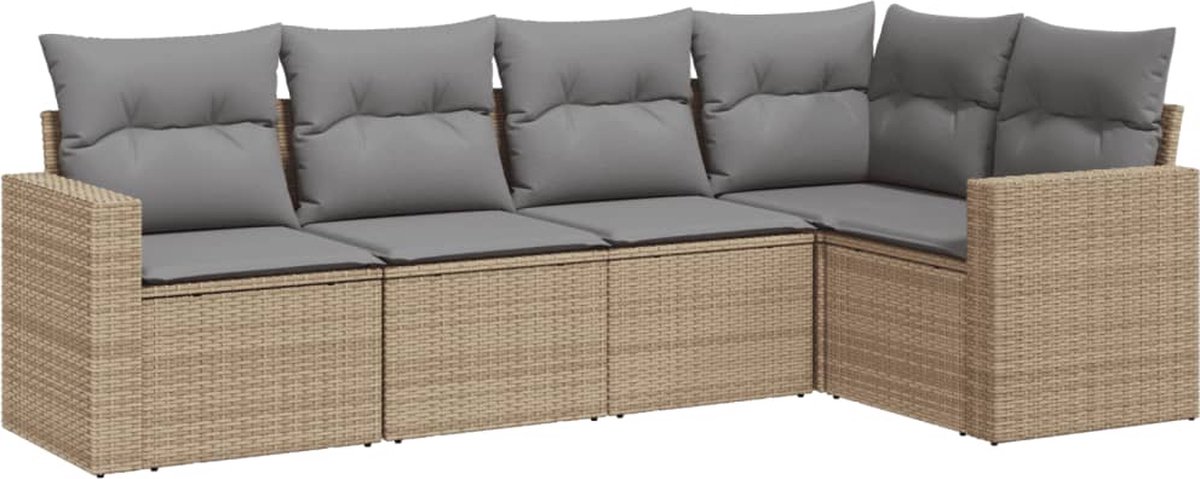 vidaXL 5-delige - Loungeset - met - kussens - poly - rattan - beige