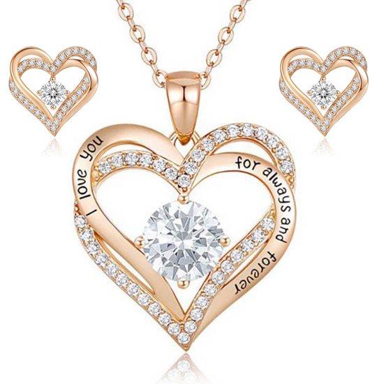 Gold Plated Swarovski® hart ketting en oorbellen - 45 cm - Valentijnsdag - Moederdag Cadeau - Geschenkset Vrouwen - Cadeau voor Vrouw - Verjaardagscadeau - Cadeau - Geschenk voor haar - Kerst Cadeau - Juwelia