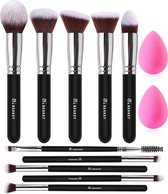 Make-upborstelset Premium synthetische Kabuki Foundation gezichtspoeder Blush Oogschaduwborstels Makeupborstelset met Blender Spons (10 + 2 stuks, zwart/zilver)