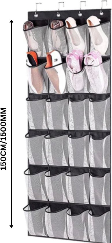Schoenenrek hangend aan muur of deur - grijs - multifunctioneel - stoffen opbergrek - vouwbaar - 24 vakken - 150cm