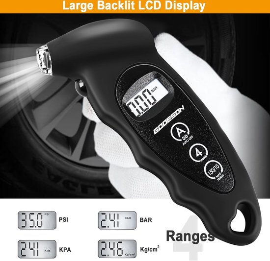 Foto: Digitale bandenspanningsmeter 150 psi 10 bar met 4 instellingen en profieldieptemeter met lcd achtergrondverlichting bandenspanningsmeter geschikt voor auto s vrachtwagens fietsen motorfietsen