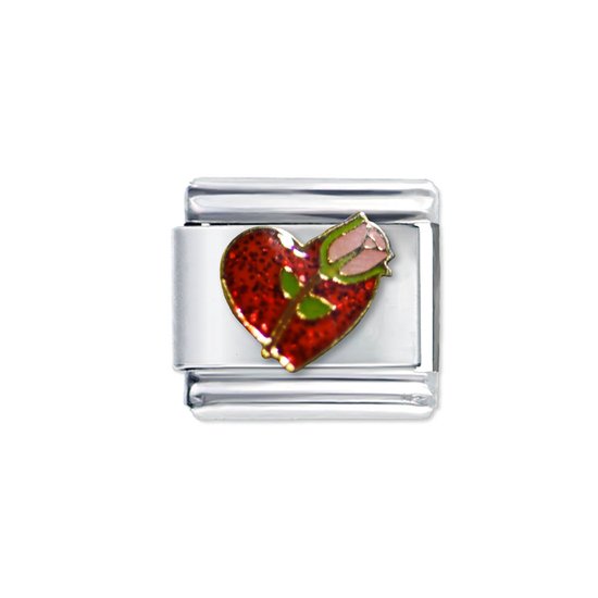 Quiges - Schakel - Bedel - 9mm - charms - rood hart en roos - Geschikt voor - Nomination- armband - Schakelarmband - italy bedels armband