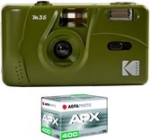 KODAK Pack M35 Argentique + Pellicule 100 ASA - Appareil Photo Kodak Rechargeable 35mm Olive Green, Objectif Grand Angle Fixe, Viseur optique , Flash Intégré + Pellicule APX 100, 36 poses
