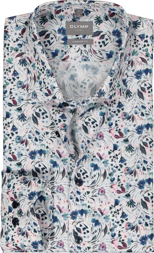 OLYMP comfort fit overhemd - popeline - wit met blauw en roze bloemen dessin - Strijkvrij - Boordmaat: 42