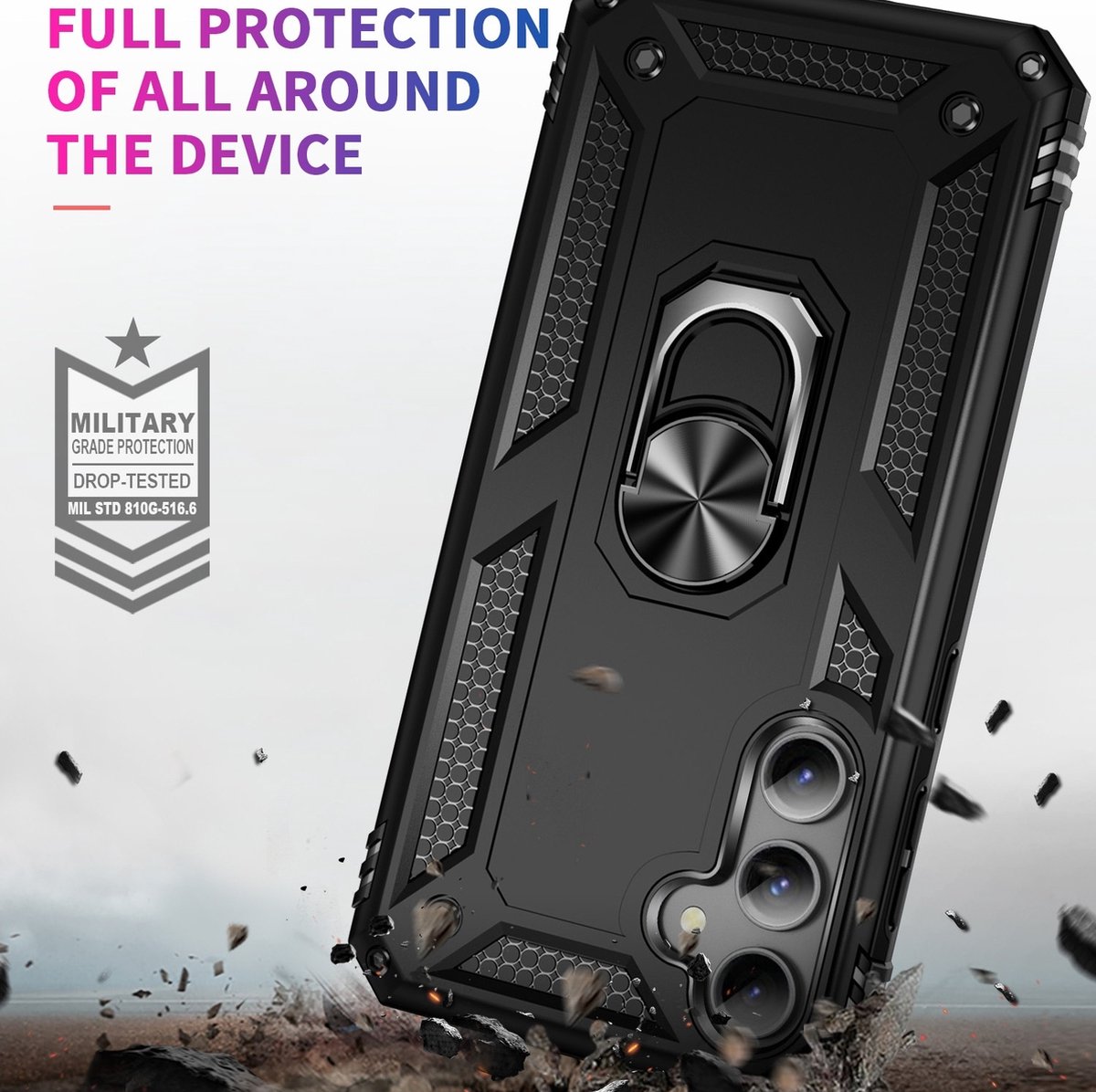Mobigear Hoesje geschikt voor Samsung Galaxy S23 FE Telefoonhoesje Hardcase | Mobigear Armor Ring Backcover Shockproof met Ringhouder | Schokbestendig Galaxy S23 FE Telefoonhoesje | Anti Shock Proof - Zwart