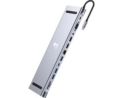 Grey Fox 12 in 1 Netwerk/USB Hub – USB C Type – USB Splitter 3.0 – 4k/30Hz – Micro TF/SD Kaarlezer – 3.5mm Audio – Ethernet – VGA 1080P – Multi Screen Transmission – Geschikt voor Laptop, Macbook en Windows