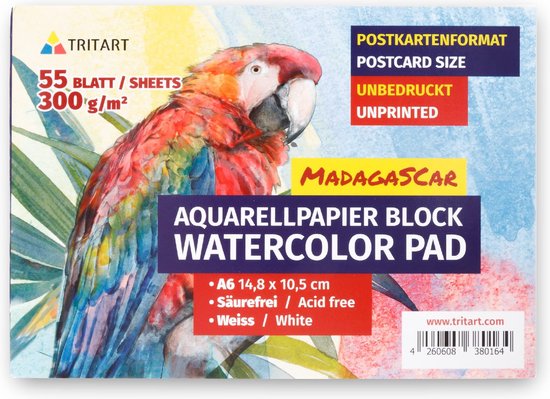 Tritart A6 aquarelpapier 300g - Tekenblok van 55 Pagina's in Wit - DIN A6 Aquarelblok om te Schilderen Waterverf of Handschriften Acrylpapier