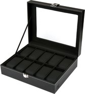 H & S® glazen deksel 10 polshorloge sieraden display opbergdoos case armband kunstleer blad zwart