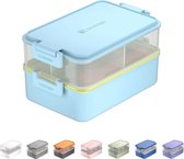 Lunchbox voor Volwassenen - Broodtrommel met 3 Vakken - Bento Box met Saushouder en Servies - Geschikt voor Magnetron en Vaatwasser - Ontbijtdoos - Saladebox - Kunststof - BPA-Vrij - Lichtblauw