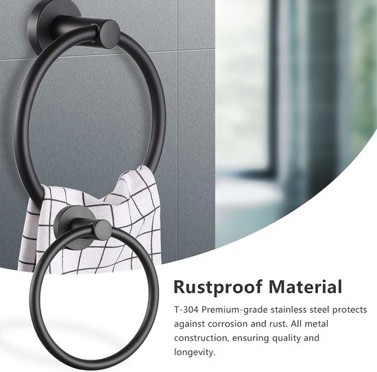 Melairy Handdoekring SUS 304 roestvrij staal afwerking zwart mat badkamer handdoekhouder accessoires 3M zelfklevend (zwart