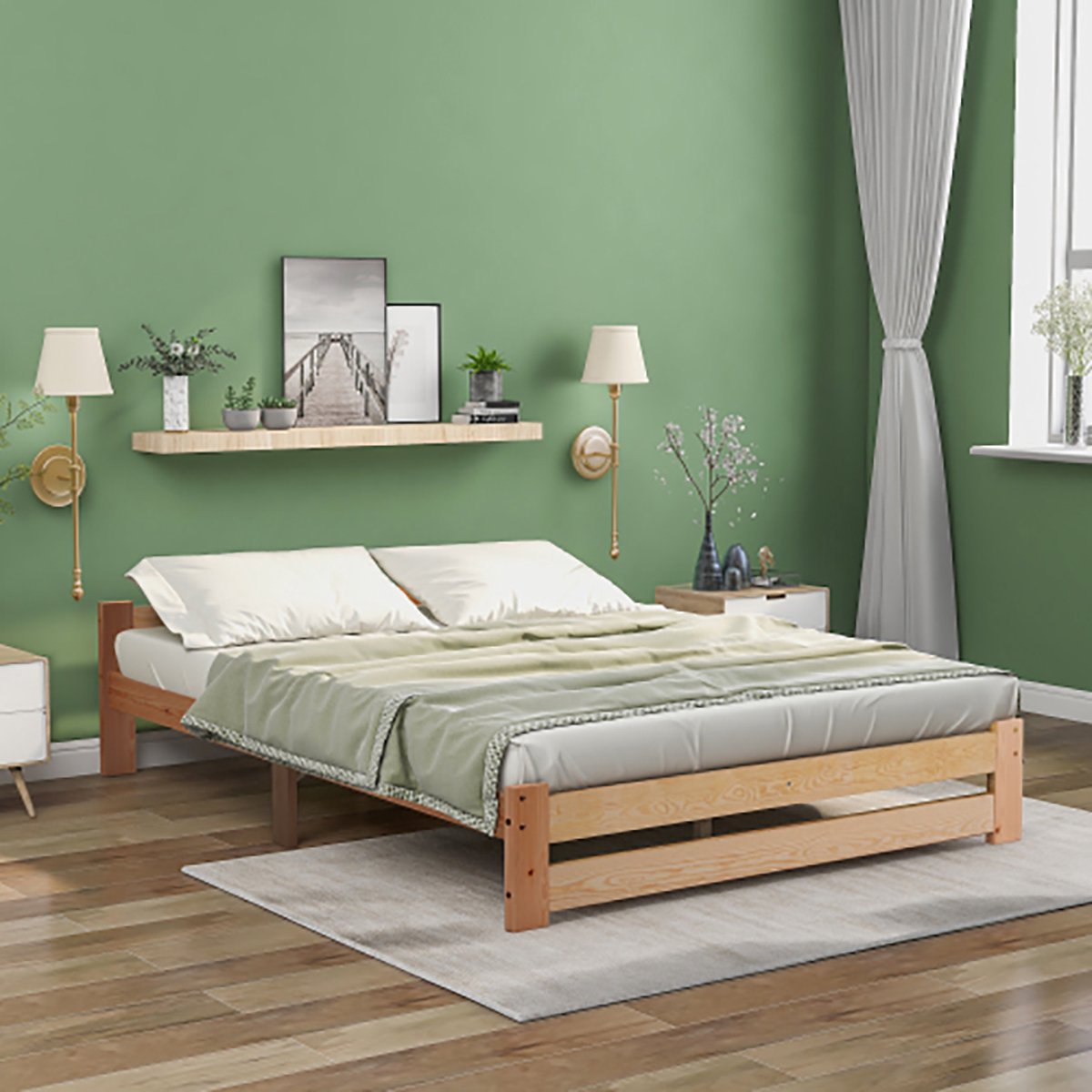 Sweiko massief houten bed futonbed naturel bed met hoofdbord en lattenbodem, Naturel (140x