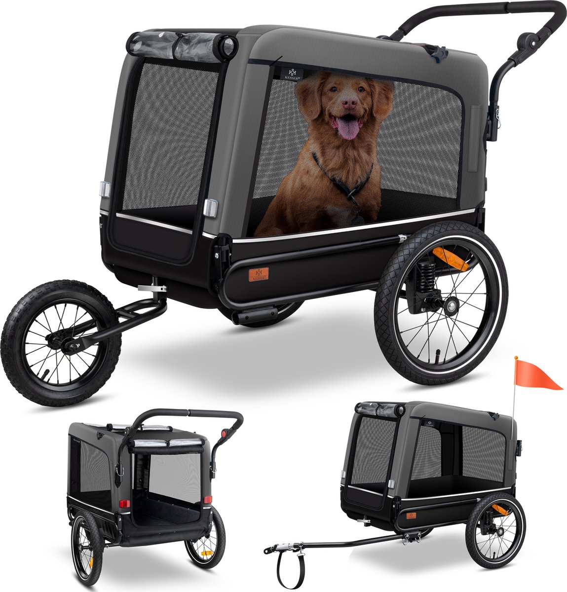 Bol.com KESSER® Hondenfietskar tot 40 kg 3in1 Hondenbuggy - Fietskar Hond Jogger - Grijs aanbieding