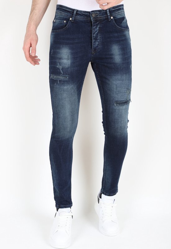 Jeans bleu foncé délavé avec trous extensible -MM120