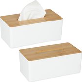 Relaxdays 2x tissue box kunststof - tissuehouder bamboe deksel - grote tissuedoos badkamer