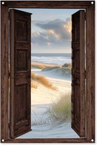 Tuinposter 80x120 cm - Strand - Doorkijk - Duinen - Helmgras - Waddenzee - Donkerbruine deur - Tuindecoratie voor buiten - Schutting decoratie - Muurdecoratie - Tuin schilderij - Tuindoek - Buitenposter