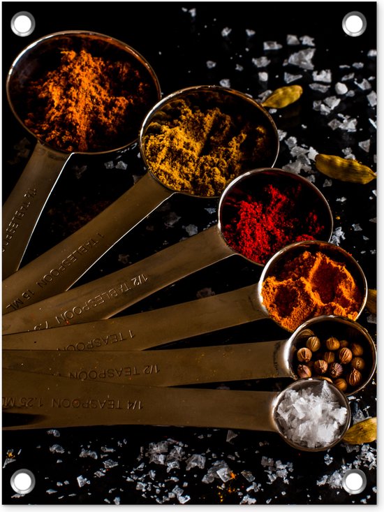 Tuin decoratie Kruiden - Lepels - Zout - Specerijen - Zwart - 30x40 cm - Tuindoek - Buitenposter
