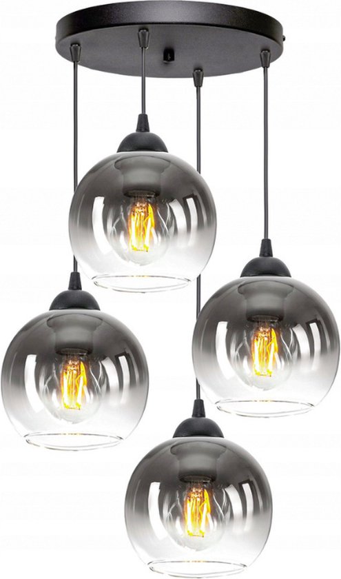 Hanglamp Industrieel voor Woonkamer, Eetkamer - 4-lichts bollen - Smoke Grafiet Glas