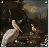 Tuinposters Een pelikaan en ander gevogelte bij een waterbassin - Schilderij van Melchior d'Hondecoeter - 50x50 cm - Tuindoek - Buitenposter