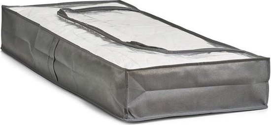 Grijze opbergtas voor onder het bed van non-woven materiaal, met een doorzichtig venster aan de bovenkant.
