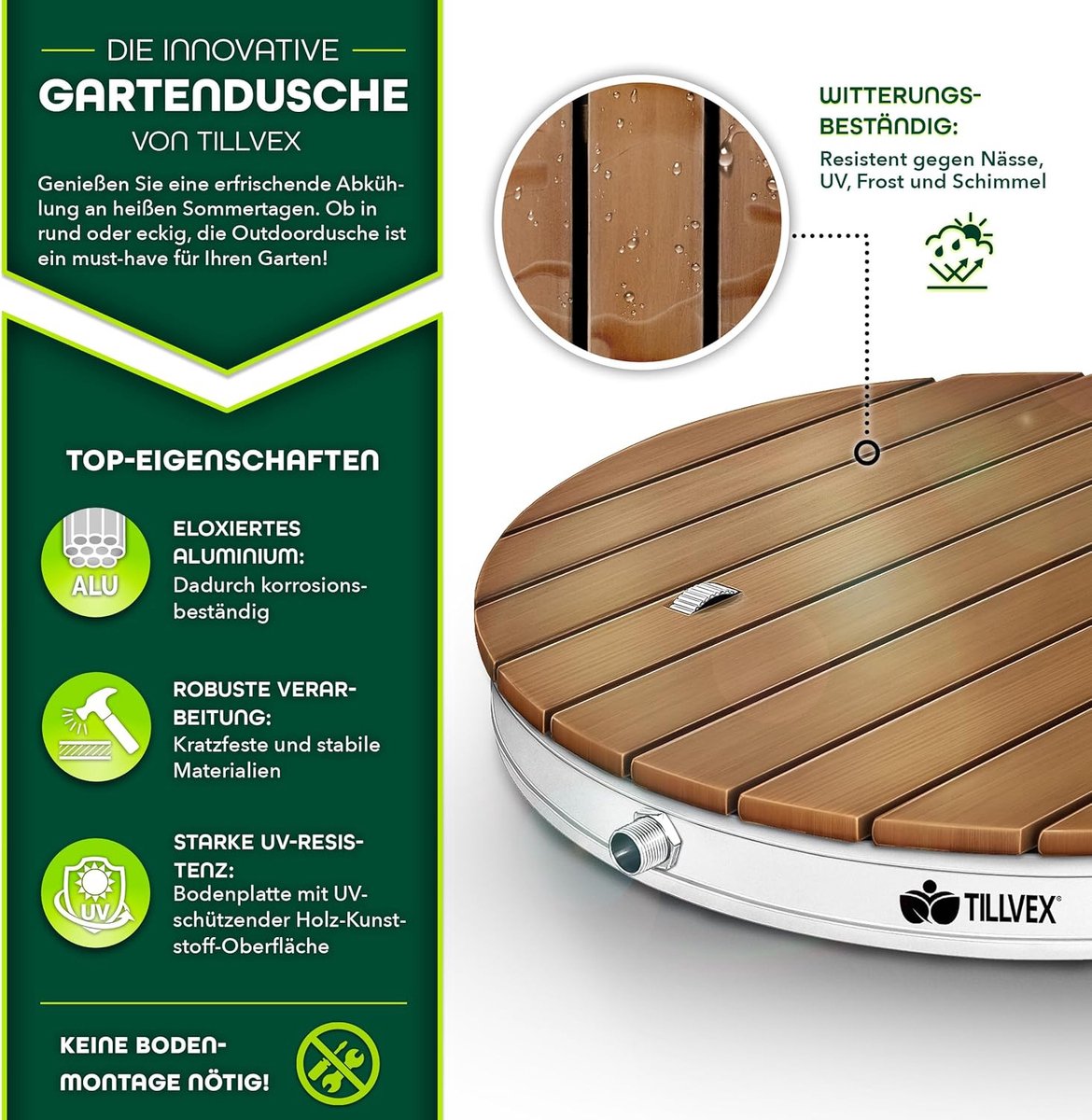 tillvex® Tuindouche voor buiten met een fonteinhoogte tot 4 m | Vloerdouche met voetpedaal | Antislip campingdouche buitendouche | Weerbestendige sauna- en gemaakt van aluminium/WPC (Rond) thumbnail 3