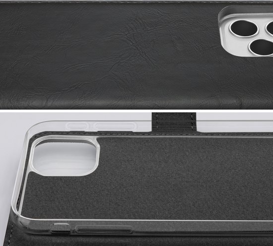 Étui portefeuille noir pour iPhone avec un aspect cuir texturé et une ouverture pour l'objectif de la caméra.