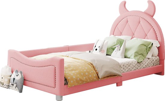 Merax Kinderbed in Teddy Stof - Gestoffeerd Bed 90x200 - Slaapbank - Eenpersoonsbed - Roze