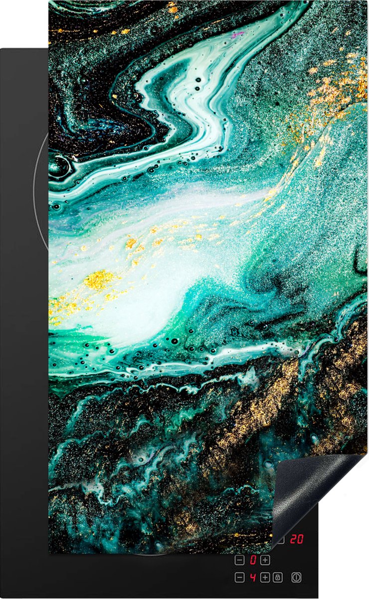 KitchenYeah® Inductie beschermer 30x52 cm - Marmerlook - Blauw - Goud - Glitter - Luxe - Marmer print - Kookplaataccessoires - Afdekplaat voor kookplaat - Inductiebeschermer - Inductiemat - Inductieplaat mat