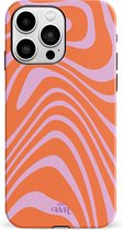 xoxo Wildhearts Boogie Wonderland Orange - Double Layer - Hard case geschikt voor iPhone 15 Pro Max hoesje - Golven print hoesje oranje - Beschermhoes shockproof case geschikt voor iPhone 15 Pro Max hoesje - Hoesje met golven print oranje
